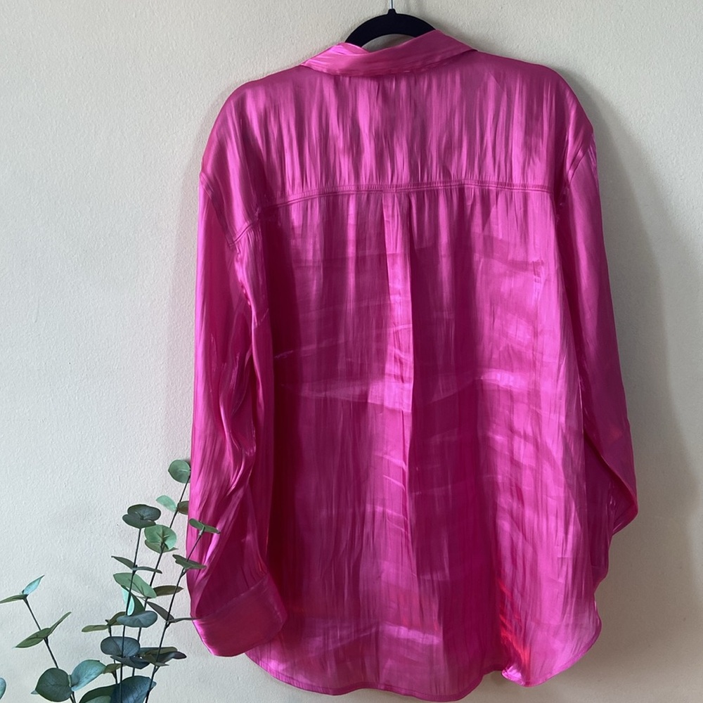 Anthropologie Hot Pink Iridescent Silky Women's Button Down XL Extra Large Satin - Picture 9 of 10